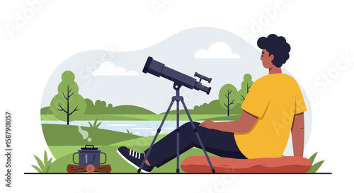 Stargazing in nature: person with telescope by a scenic lakeside