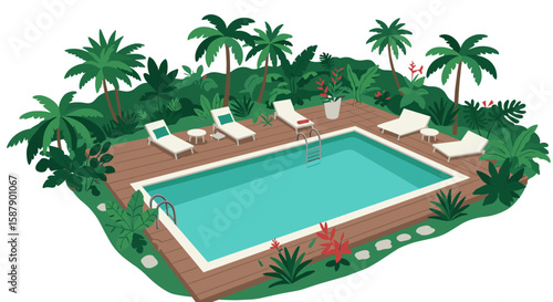 Tropical oasis poolside retreat with lush greenery and relaxing ambience