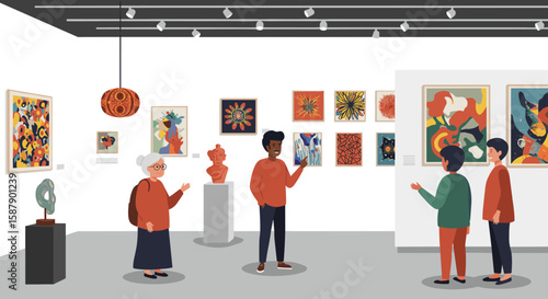 Diverse group of people viewing abstract art in modern gallery