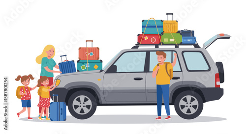 Family road trip preparation with loaded car and luggage for vacation adventure