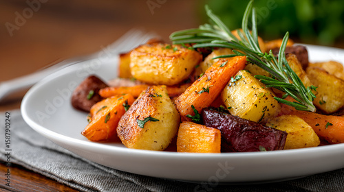 A colorful medley of roasted root vegetables topped with herbs on a white plate. white 83396928 1