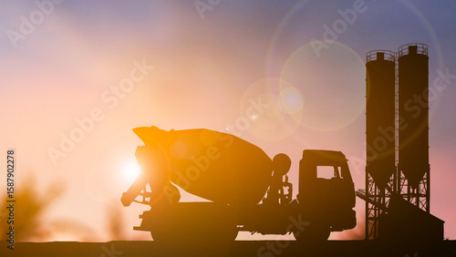 Cement truck parking at cement mill silhouette concept