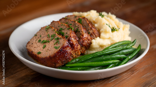 A hearty plate of meatloaf with mashed potatoes and green beans, garnished for a comforting meal. white 87597179 1