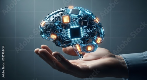 Digital Brain in Hand Exploring Artificial Intelligence and Machine Learning, Symbolic of Technology and Innovation