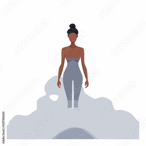 Figure barely visible in thick fog, standing still in silence, captured in atmospheric vector form.
