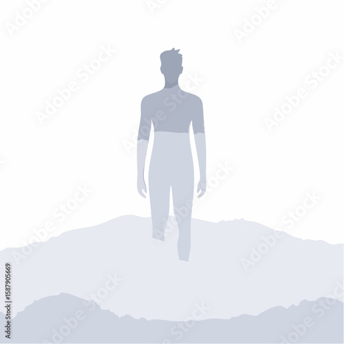Figure barely visible in thick fog, standing still in silence, captured in atmospheric vector form.