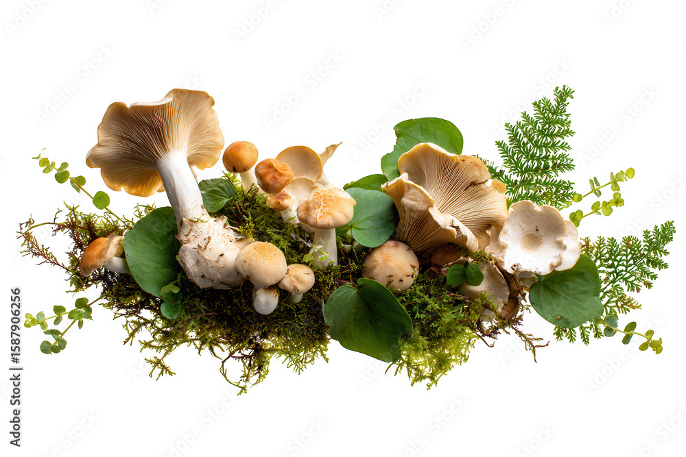 Fototapeta premium A forest floor arrangement of mushrooms and greenery isolated on transparent background