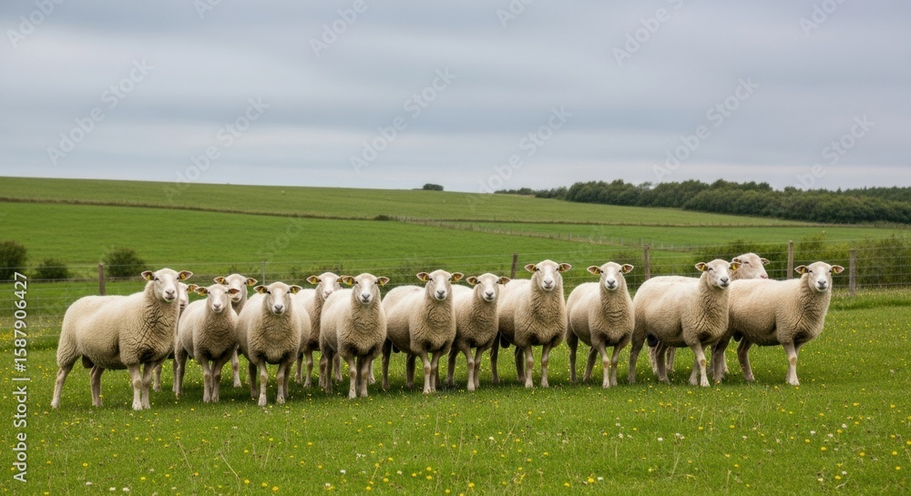 Fototapeta premium A flock of sheep grazes on a lush green pasture under a cloudy sky, portraying serene pastoral scenery