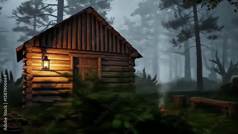 Rustic Log Cabin in Foggy Night Forest with Lantern Light Rustic Log Cabin in Foggy Night Forest with Lantern Light