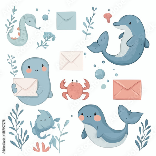 Cartoon dolphin, crab, seal and seahorse cheerfully holding letters, perfect for greeting cards and celebration printables for kids