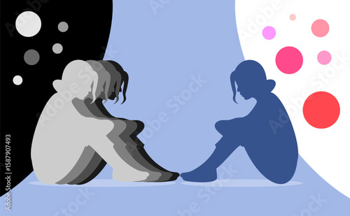 Emotional Concept girl and woman Illustration of Self-Reflection and Depression, Dual Figures Facing Each Other Depicting Mental Health Struggle, Healing, Support, childhood trauma and Inner Conflicts