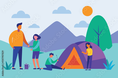Family Camping Trip Illustration: Tent Setup, Mountains, Nature Scene, Vector Art, Outdoor Adventure, Vacation, Recreation