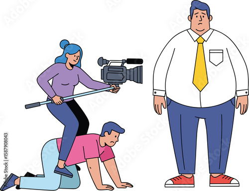Creative camera crew filming overweight man, funny low budget shooting method, humorous scene cartoon style CAD drawing vector illustration