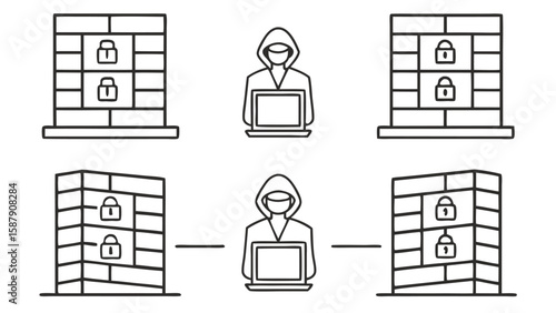 Hacker with laptop between locked walls cybersecurity hacking