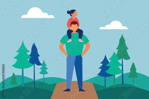 Father's Day Illustration: Dad with Daughter on Shoulders in Nature. Flat Vector Art of Family Time Outdoors in a Forest Landscape.