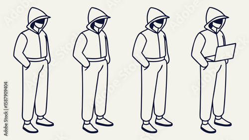 Hooded figures with laptop and hands in pockets people anonymity