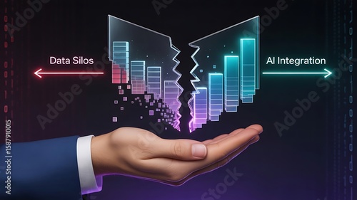 Hand presenting data silos breaking apart for ai integration