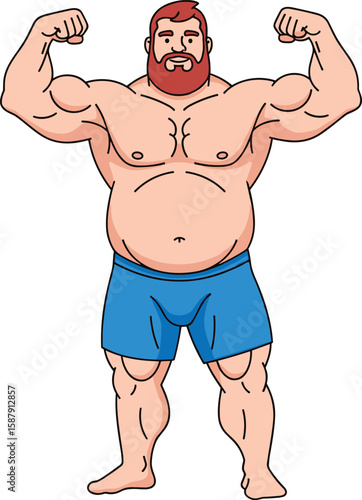 Strong muscular cartoon man flexing biceps, flat vector illustration of bodybuilder character in blue shorts, fitness male pose art