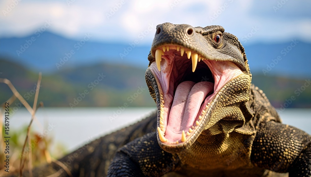 Obraz premium Komodo Dragon's Intense Hiss Captured in Detailed Wildlife Photography