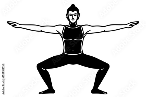 Yoga pose illustration shows a person in warrior squat position.