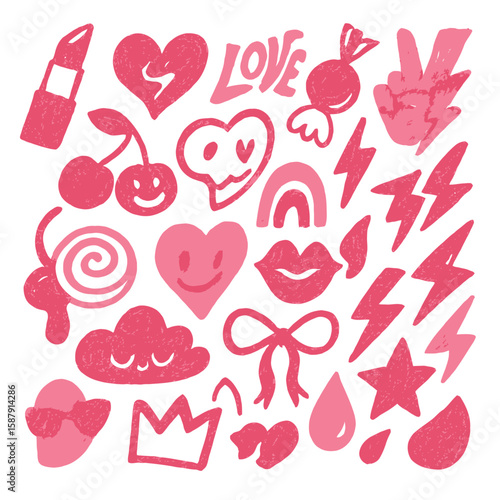 A collection of cute, pink hand-drawn doodles including hearts, lightning bolts, and cherries.