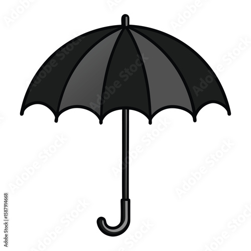 A black umbrella with a curved handle, a symbol of rain, protection, and bad weather.