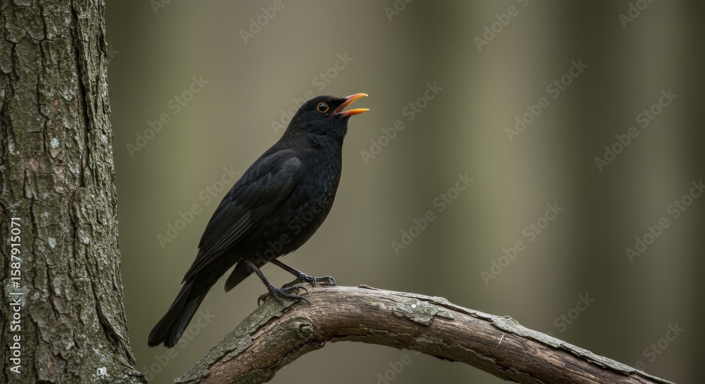 Fototapeta premium A captivating image of a blackbird singing melodiously in its natural habitat on a tree branch, displaying its beauty