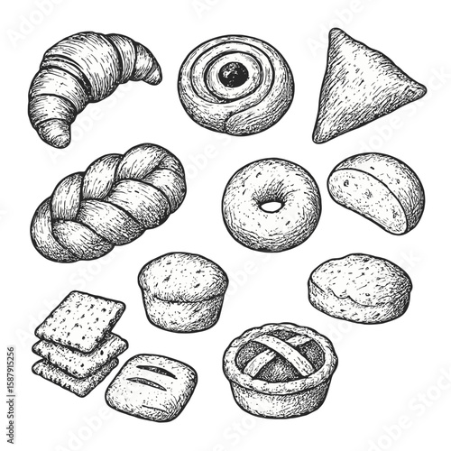 Hand-drawn illustrations of various baked goods, including croissants, pastries, bread, and pies.