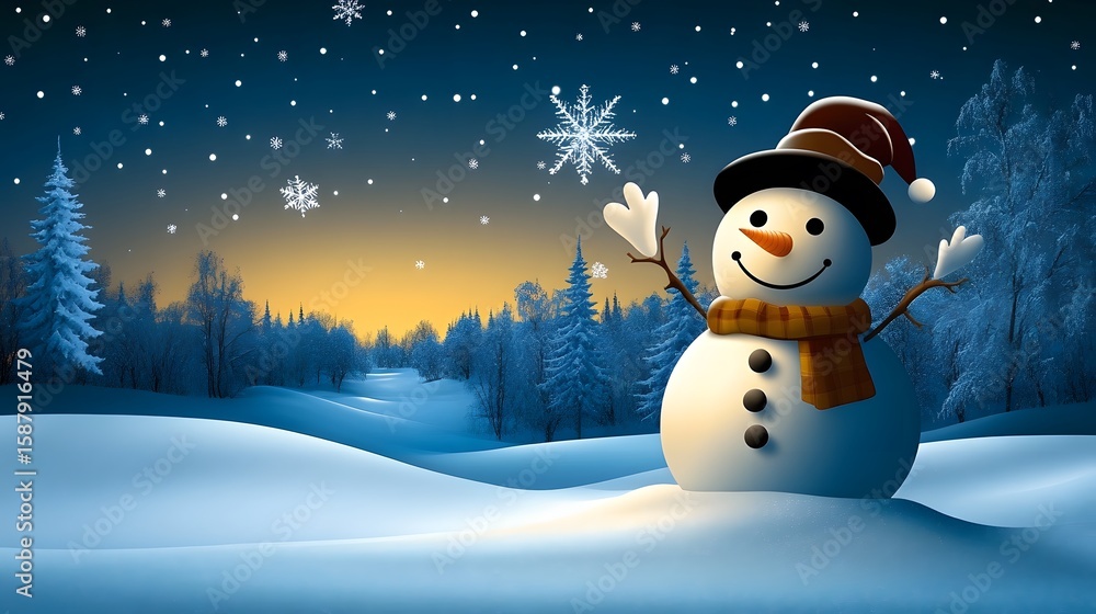 Fototapeta premium Cheerful Snowman in Winter Wonderland Surrounded by Snowflakes at Sunset