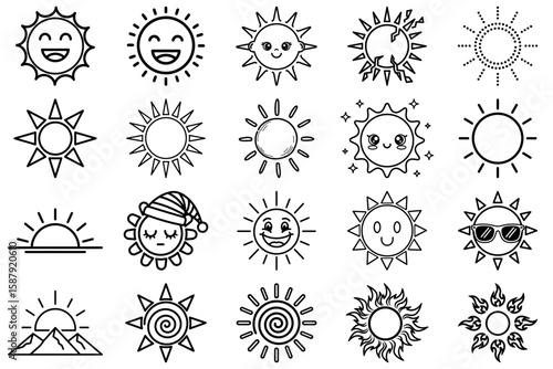 Sunshine Icons: A curated collection of sunshine icons, each a unique symbol of warmth and joy. Explore this graphic resource, perfect for a wide variety of creative projects.