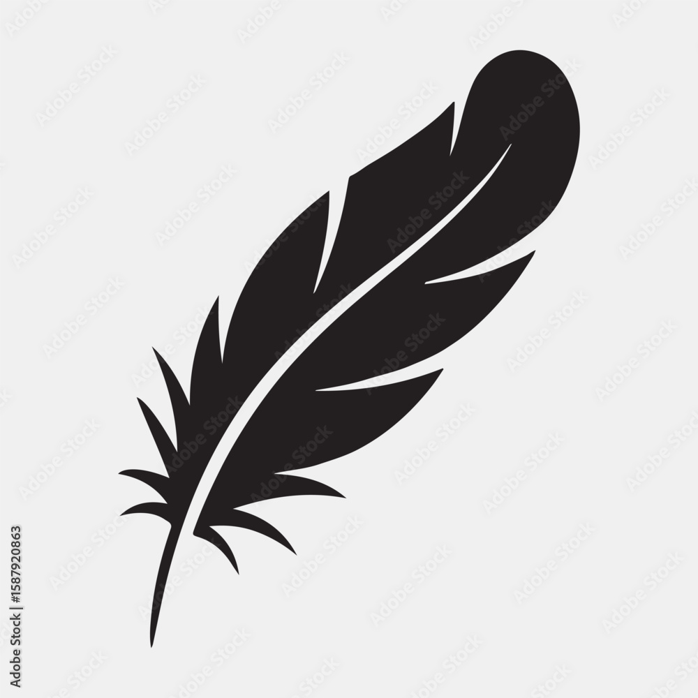 Obraz premium Simple black silhouette of a feather against a light gray background.