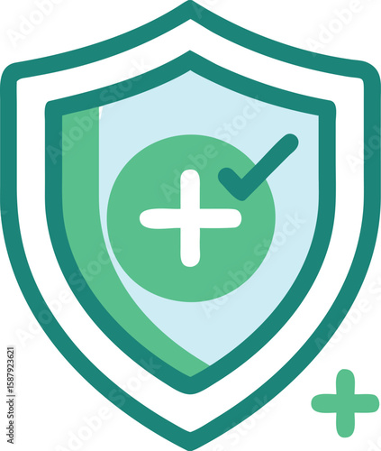 Vector art of a colorful shield icon with a checkmark and a plus sign, representing health and security