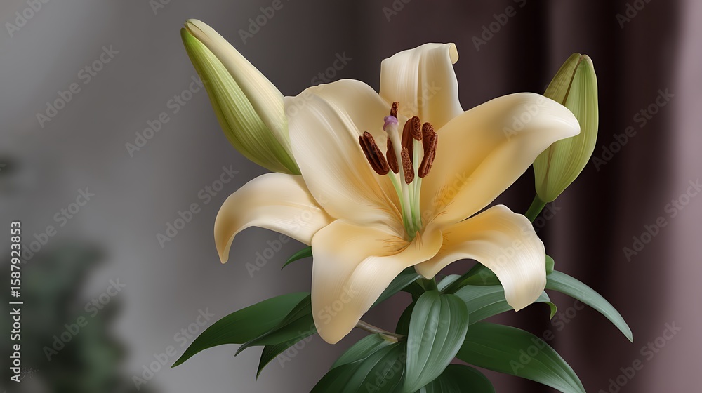 Obraz premium Elegant Cream Lily Flower in Bloom with Buds on a Soft Background in Natural Light