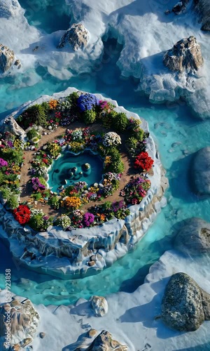 Stunning Aerial View of Vibrant Floral Circle in Icy Landscape
