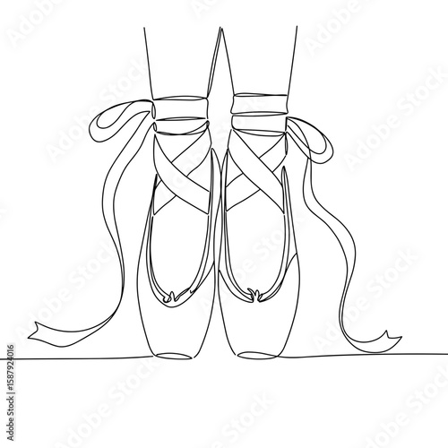 Line drawing of ballet pointe shoes with ribbons on the floor  