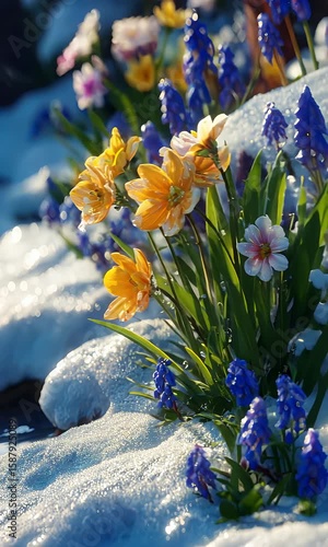 Vibrant Wildflowers Blooming on Snowy Ground in Sunlit Nature Scene