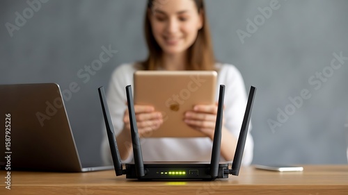 Woman using tablet with wireless internet router