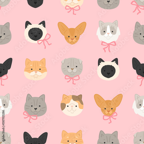 Vector seamless pattern. Cartoon cats with ribbons. Cute texture with abissian, persian, siamese, scottish fold, golden shader cats on pink background. Flat style pattern for textile or wrapping paper