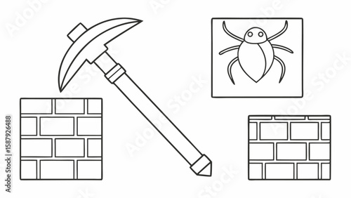 Pickaxe hitting brick wall with bug icon insect