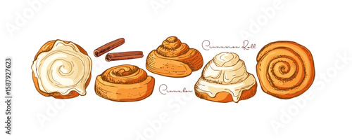 Set of sweet cinnamon buns and cinnamon sticks, color sketch with inscription. Vector tasty bakery food, different types sweet nutrition snack. Text with hand drawn element for cafe, menu, recipe