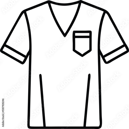 Vector art of a simple black and white line drawing of a medical scrub top with a chest pocket

