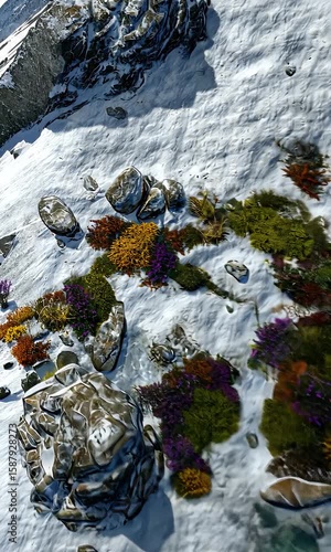 Colorful Vegetation on Snowy Landscape with Rocky Outcrops