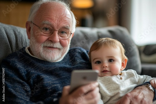 Old man using the internet to video call his grandson, maintaining family connections through digital technology, Generative AI