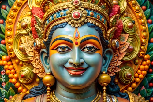 Wallpaper Mural Intricate golden and blue deity face with ornate headdress and jewelry Torontodigital.ca