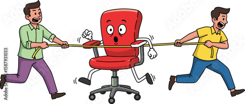 Two Businessmen in Tug of War Over Red Office Chair, Competition for Promotion or Job Vacancy Concept, Workplace Rivalry and Struggle, Cad Drawing Flat Vector Illustration