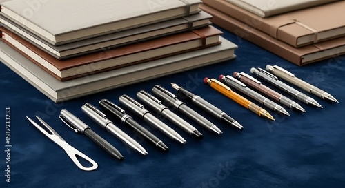 Elegant arrangement of journals and writing pens on a luxurious blue surface to showcase
