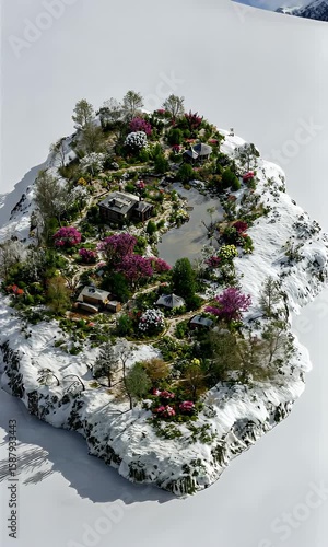 Scenic Winter Garden Island Surrounded by Snowy Landscape and Serenity