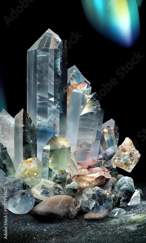 Stunning Crystal Formation with Colorful Lights and Sparkling Stones