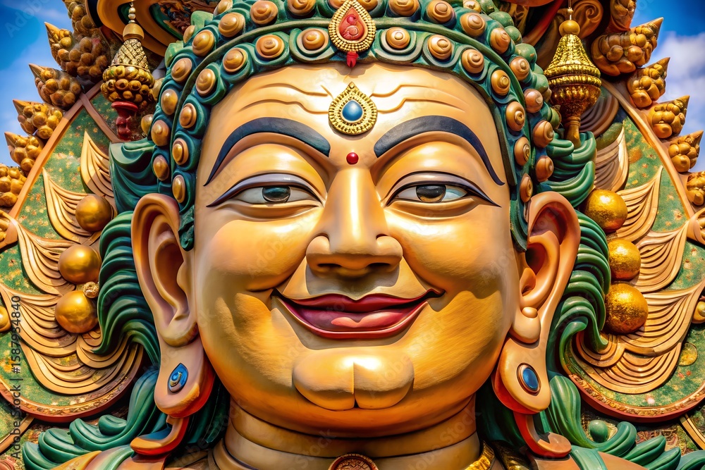 Ornate golden buddha face with intricate green and gold headdress Ornate golden buddha face with intricate green and gold headdress