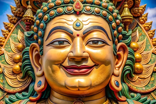 Ornate golden buddha face with intricate green and gold headdress